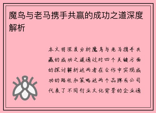 魔鸟与老马携手共赢的成功之道深度解析